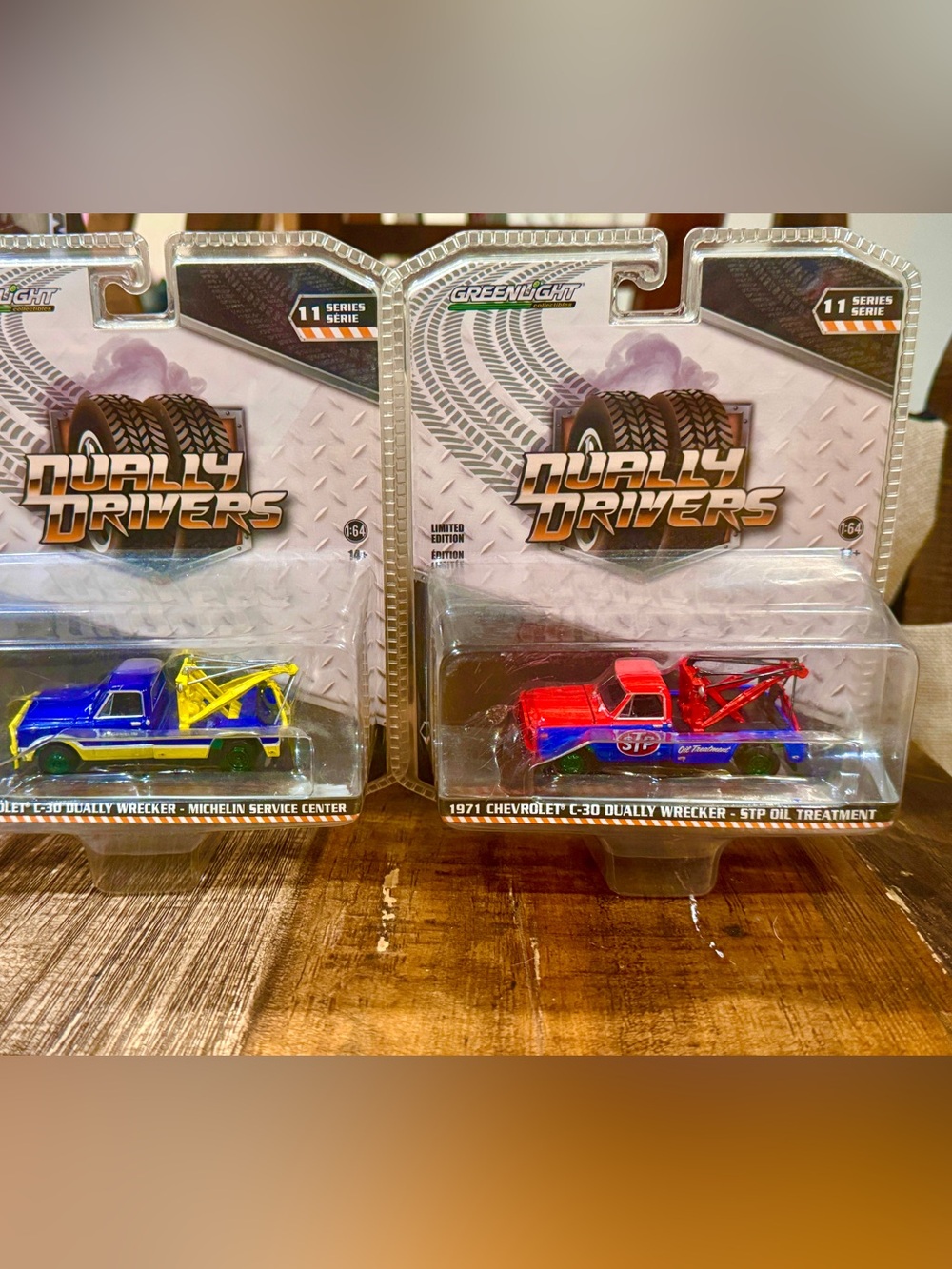 Lot of 2 CHASE Dually Drivers 1971 Chevrolet C-30 Dually Wrecker - Red & Blue